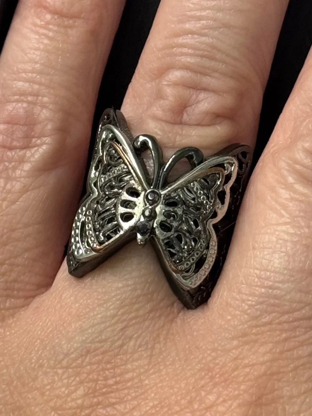 Vintage Inspired Multi Color Metal Butterfly Ring wt Black Faux Gems Size 7.5